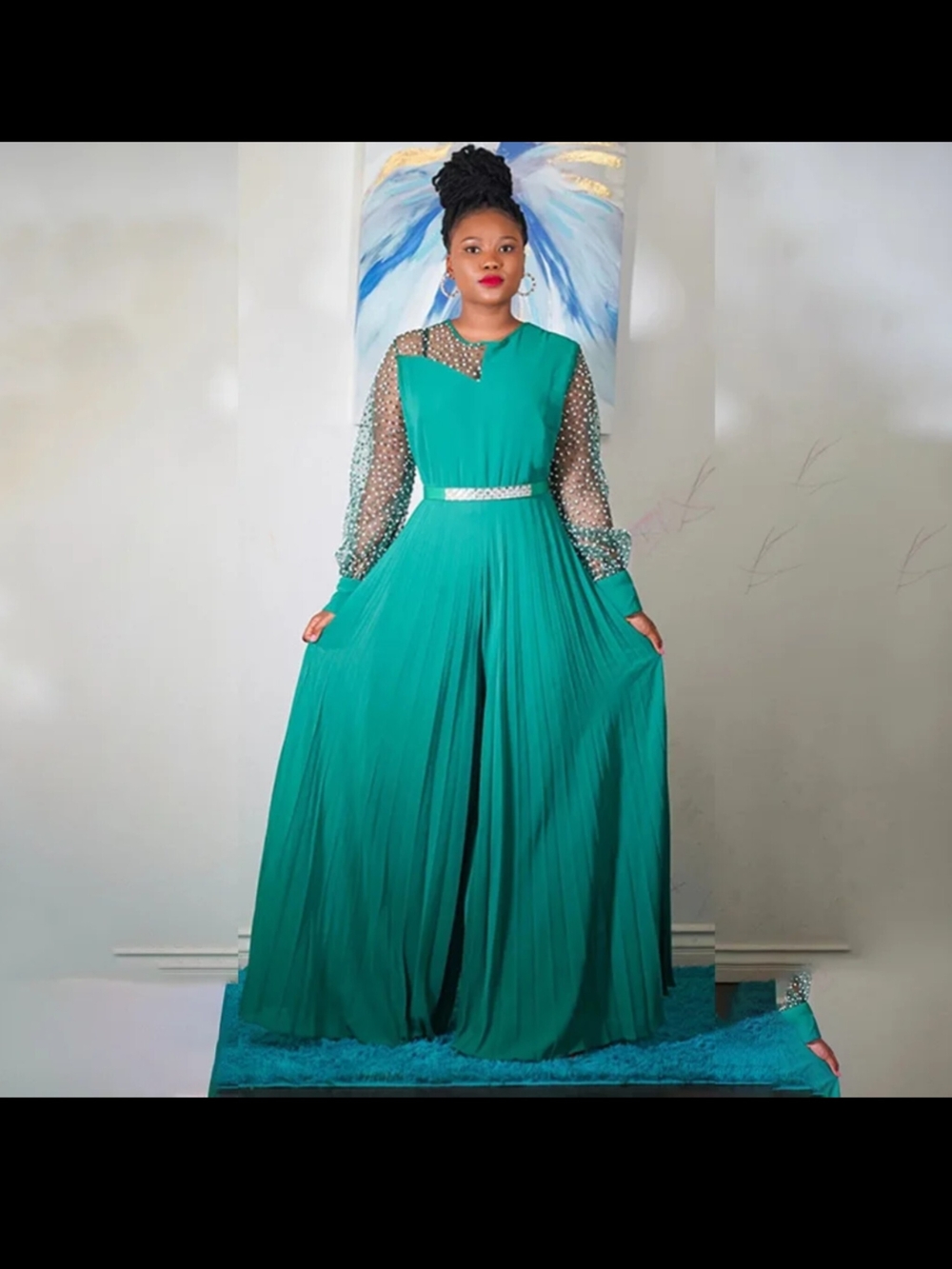 Emerald Pleated Maxi Dress with Beaded Mesh Sleeves
